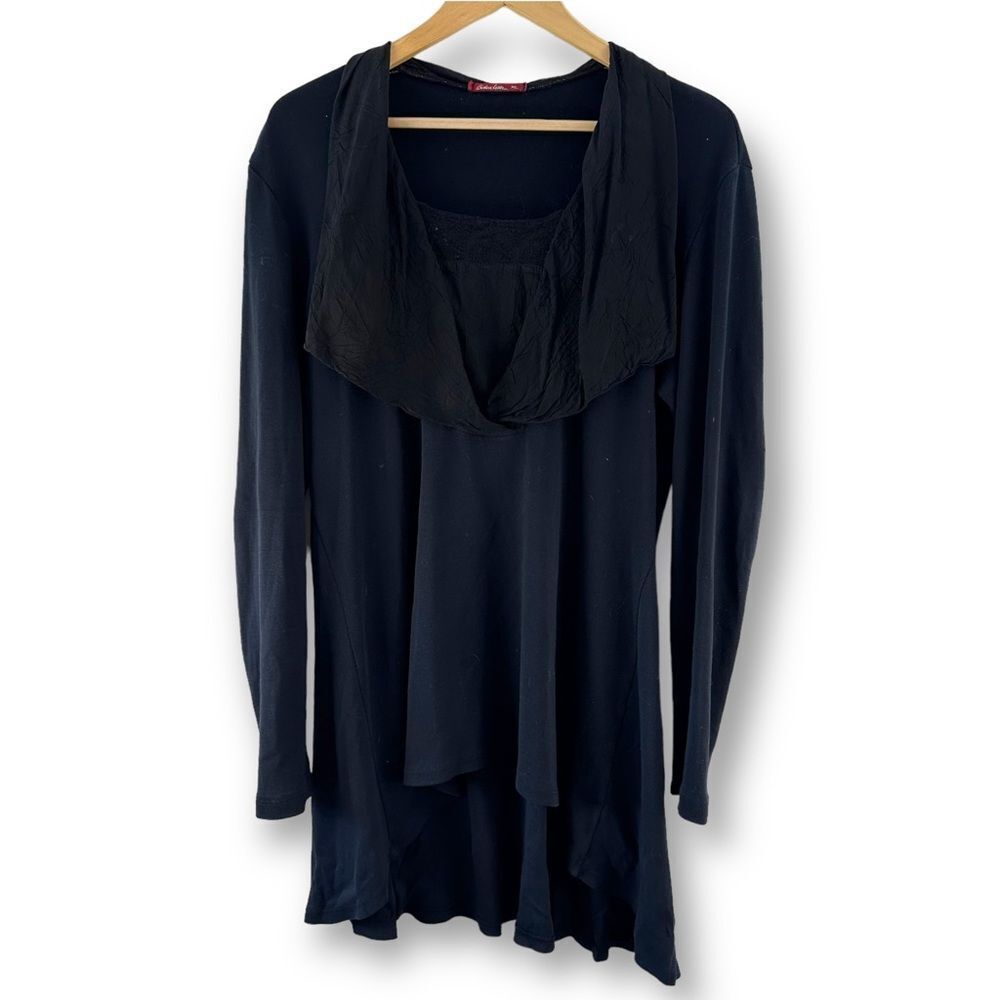 Barbara Lesser Women's XL Long Sleeve Draped Lagenlook Tunic Black Artsy Grunge